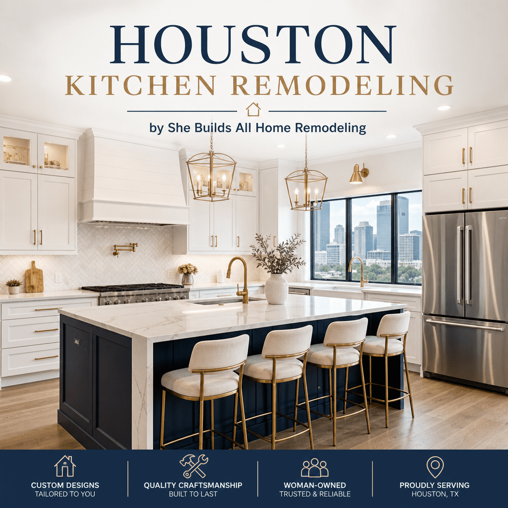 Modern Houston kitchen with spacious island, white cabinets, and skyline views