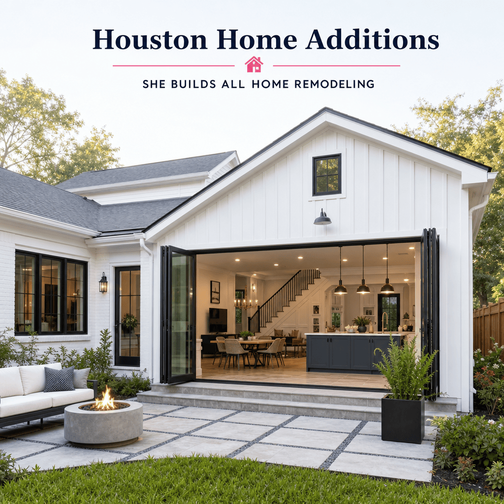 Modern Houston home addition with open-concept living space and outdoor patio